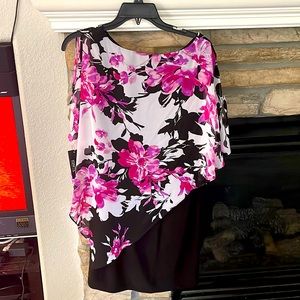 Ignite Evenings, size 6 Petite, black dress underneath with multicolored top.